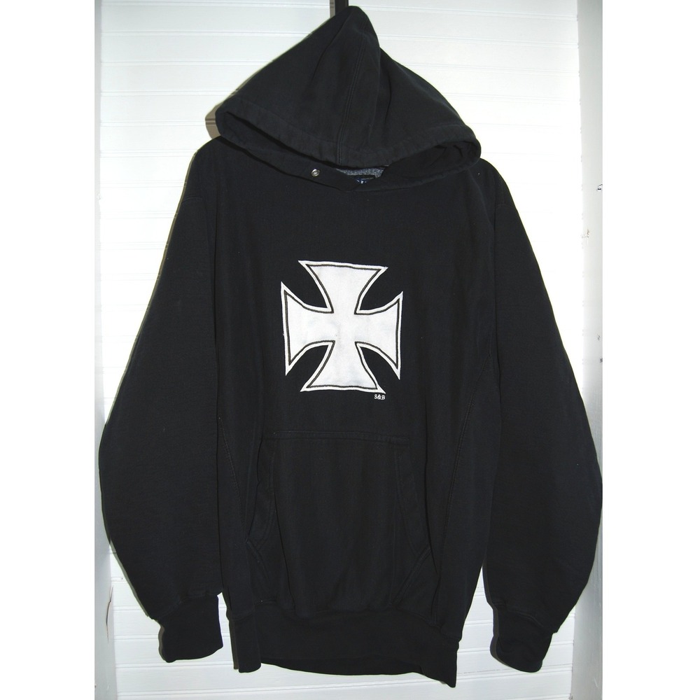 Vintage Iron Cross Hoodie Mens XS Y2K Steve Barrys Choppers Sweatshirt Black